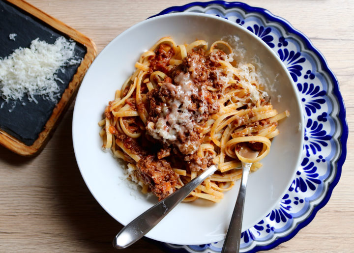 Bison Bolognese with Pasta and Cheese