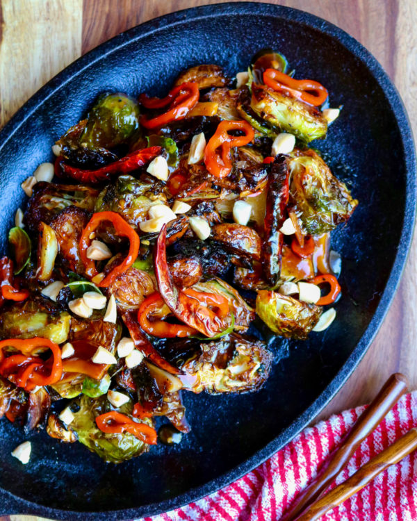 Spicy Kung Pao Brussel Sprouts in Cast Iron
